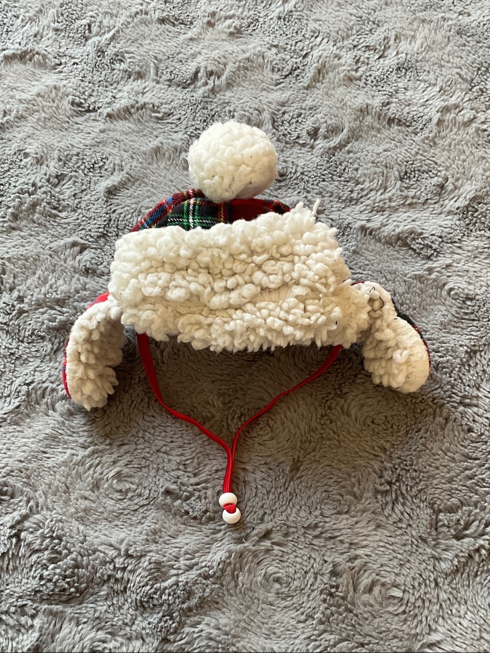 Cozy Red Plaid Faux-Sherpa Pom Pom Pets Hat